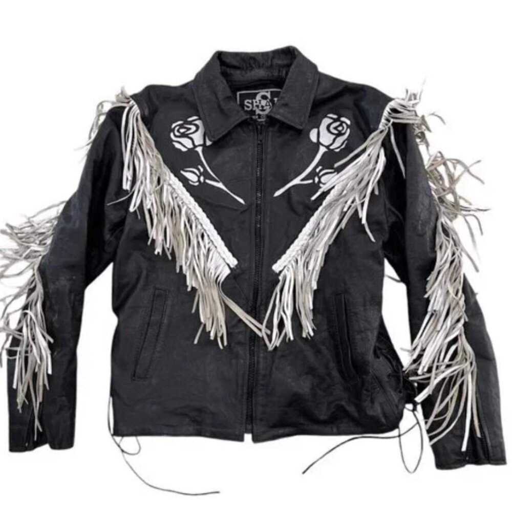 Women's Leather Jacket - Fringes & Roses - Biker Style